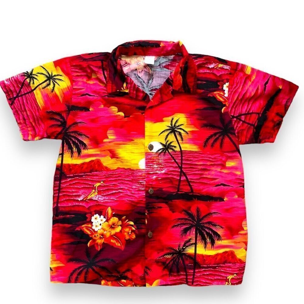 Vintage Palmwave‎ Hawaii Shirt Fuchsia Pink Sunset Surfer Tropical Floral Print